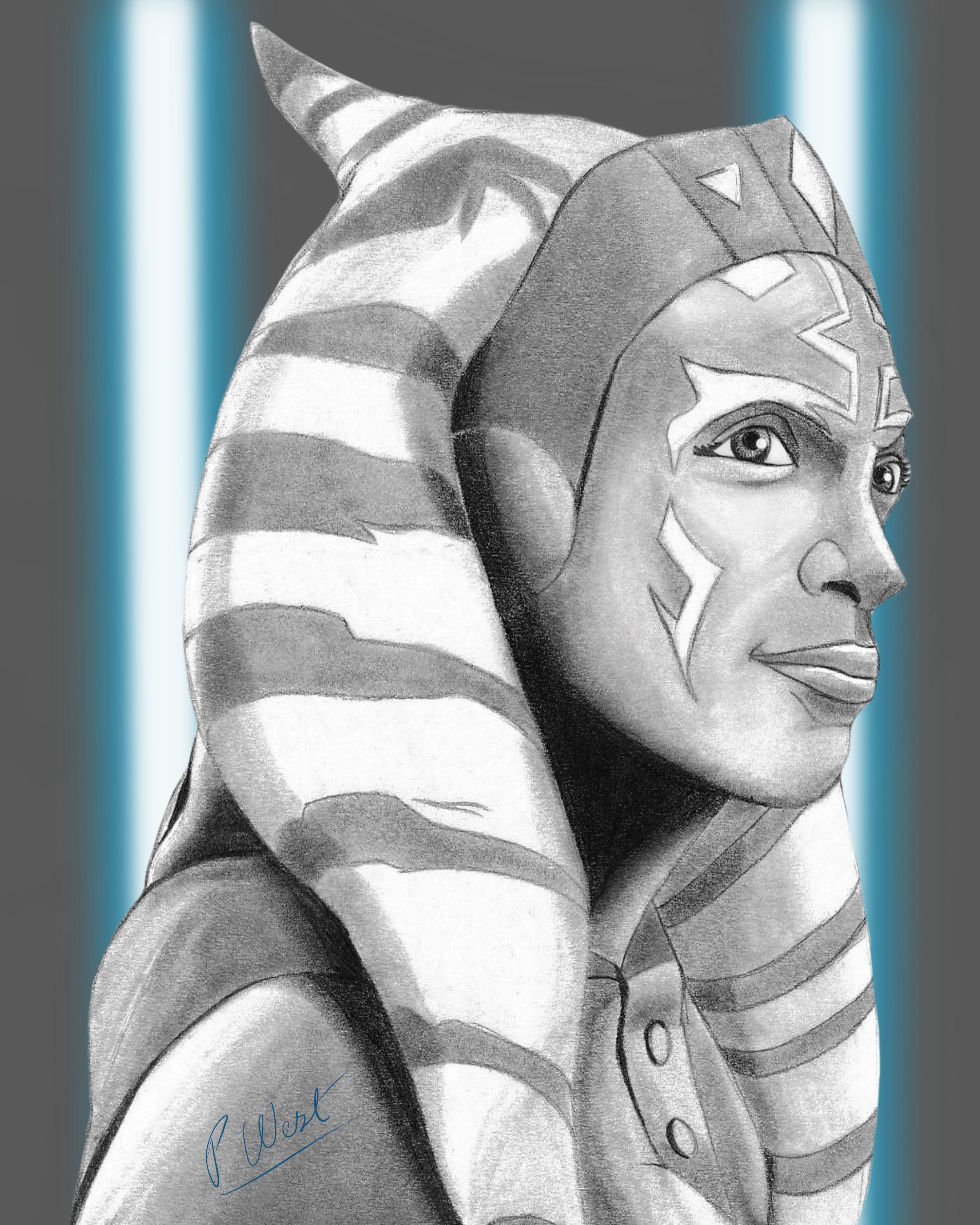 This is a black and white print of Ahsoka Tano
